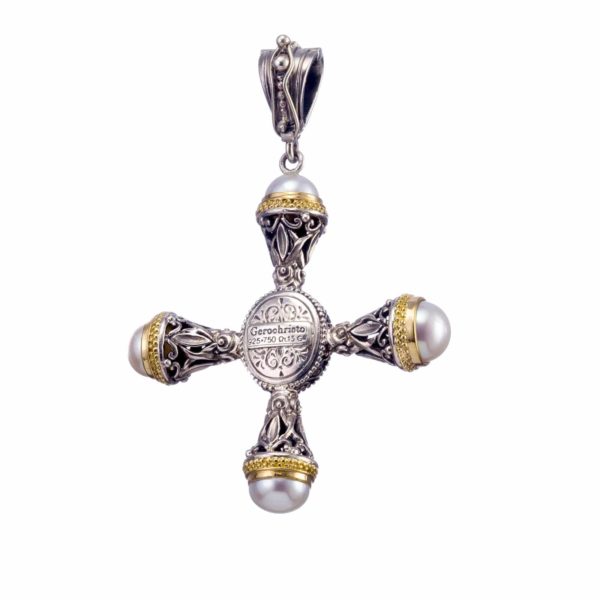 Freshwater Pearls Cross Pendant 18k Yellow Gold and Sterling Silver 925 - Image 4