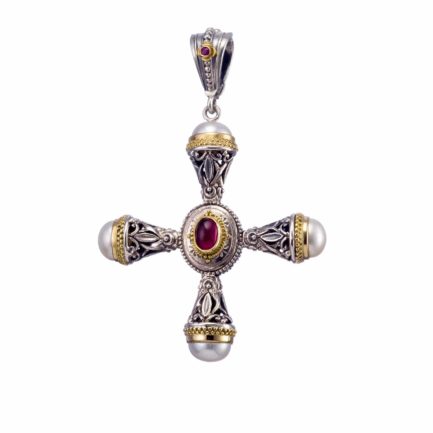 Freshwater Pearls Cross Pendant 18k Yellow Gold and Sterling Silver 925