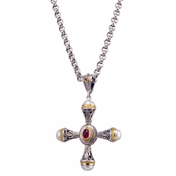 Freshwater Pearls Cross Pendant 18k Yellow Gold and Sterling Silver 925 - Image 2