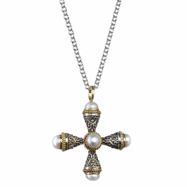 Freshwater Pearls Cross Pendant 18k Yellow Gold and Sterling Silver 925 - Image 2