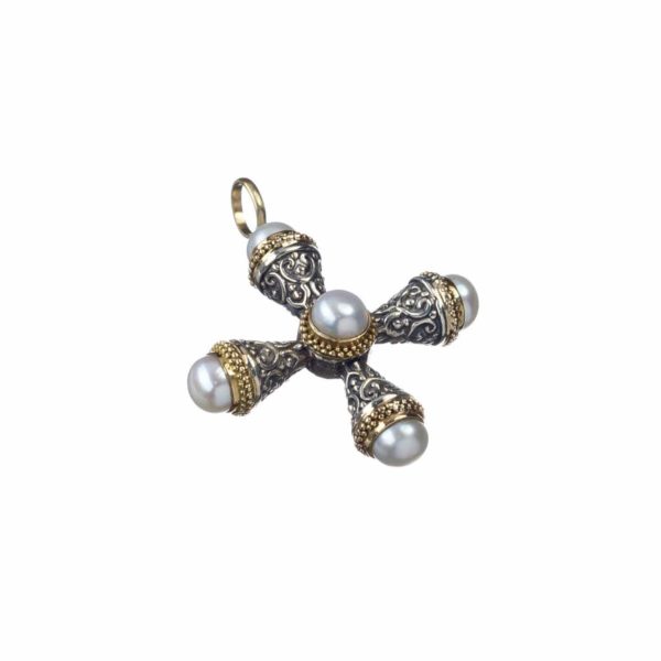 Freshwater Pearls Cross Pendant 18k Yellow Gold and Sterling Silver 925 - Image 3