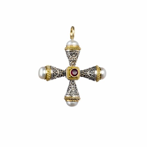 Freshwater Pearls Cross Pendant 18k Yellow Gold and Sterling Silver 925