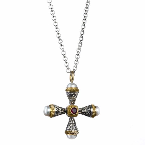 Freshwater Pearls Cross Pendant 18k Yellow Gold and Sterling Silver 925 - Image 3