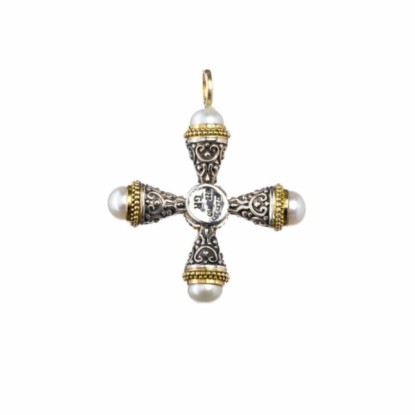 Freshwater Pearls Cross Pendant 18k Yellow Gold and Sterling Silver 925 - Image 4