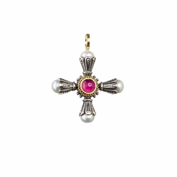 Freshwater Pearls Cross Pendant 18k Yellow Gold and Sterling Silver 925