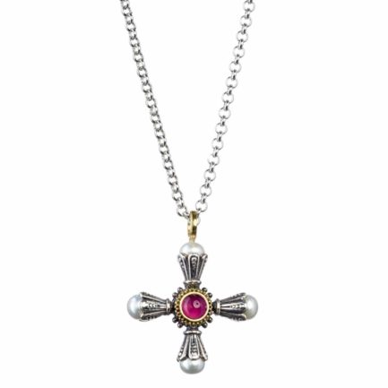 Freshwater Pearls Cross Pendant 18k Yellow Gold and Sterling Silver 925