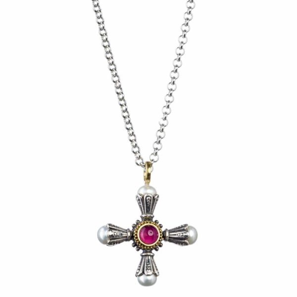 Freshwater Pearls Cross Pendant 18k Yellow Gold and Sterling Silver 925 - Image 2