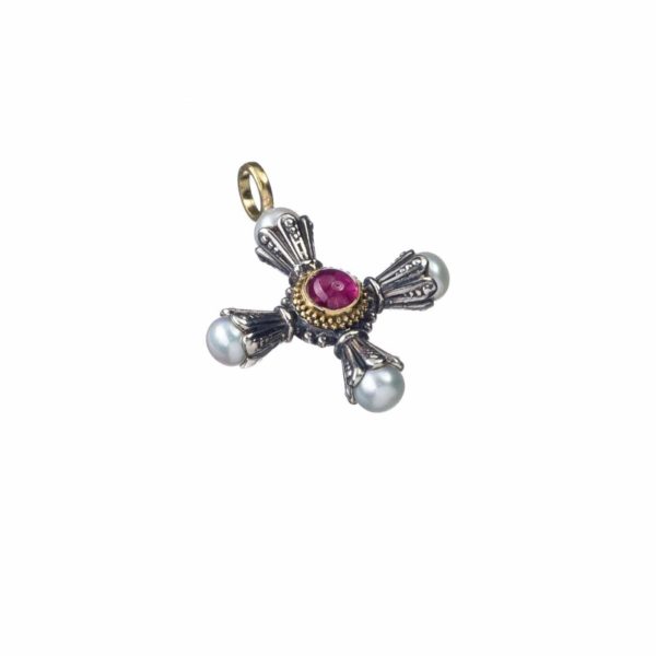 Freshwater Pearls Cross Pendant 18k Yellow Gold and Sterling Silver 925 - Image 3