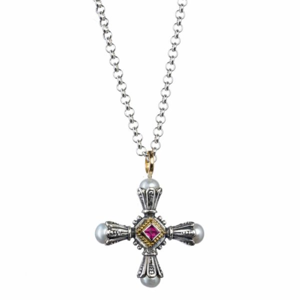 Freshwater Pearls Cross Pendant 18k Yellow Gold and Sterling Silver 925 - Image 2