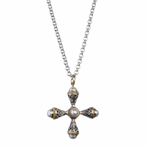 Freshwater Pearls Cross Pendant 18k Yellow Gold and Sterling Silver 925 - Image 2