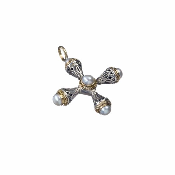 Freshwater Pearls Cross Pendant 18k Yellow Gold and Sterling Silver 925 - Image 3