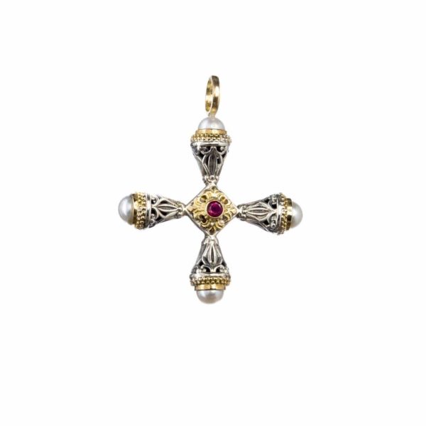 Freshwater Pearls Cross Pendant 18k Yellow Gold and Sterling Silver 925