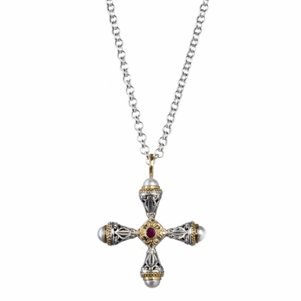 Freshwater Pearls Cross Pendant 18k Yellow Gold and Sterling Silver 925 - Image 2