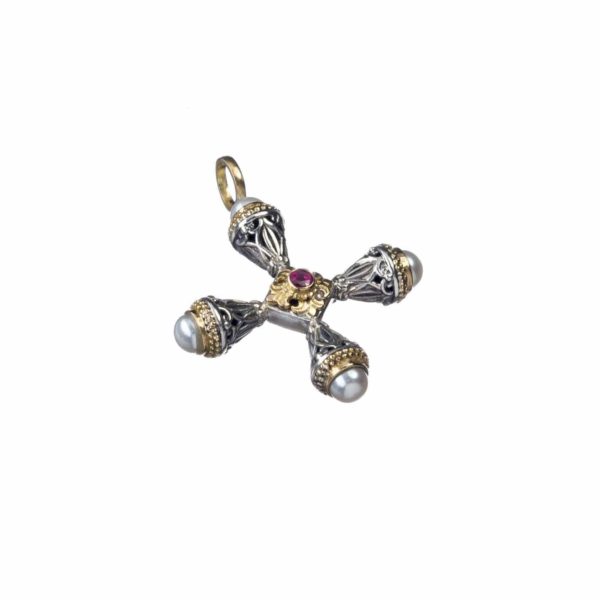 Freshwater Pearls Cross Pendant 18k Yellow Gold and Sterling Silver 925 - Image 3