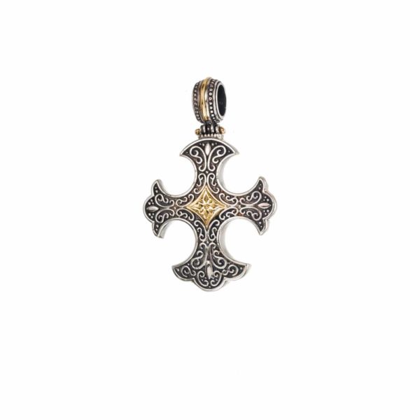 Gothic Handmade Cross Pendant 18k Yellow Gold and Sterling Silver 925