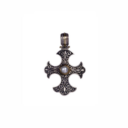 Gothic Handmade Cross Pendant Pearl 18k Yellow Gold and Sterling Silver 925