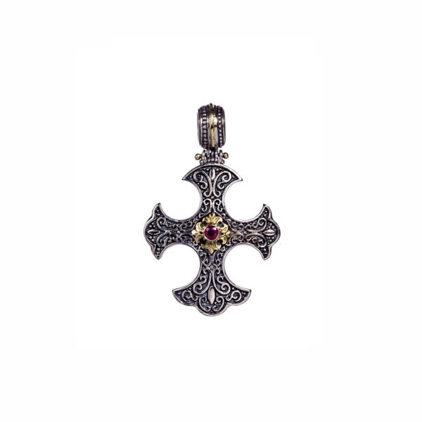 Gothic Handmade Cross Pendant Ruby 18k Yellow Gold and Sterling Silver 925