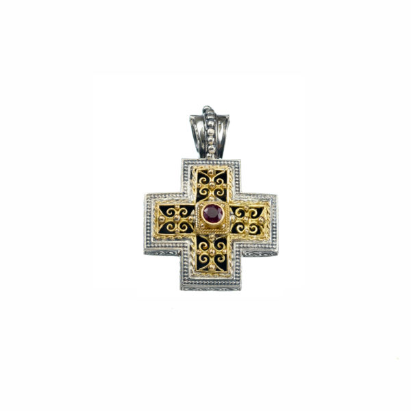 Byzantine Cross Pendant Garnet 18k Yellow Gold and Sterling Silver 925