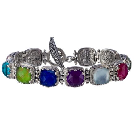 Multi-Colored Stone Link Bracelet for Women’s in Sterling Silver 925