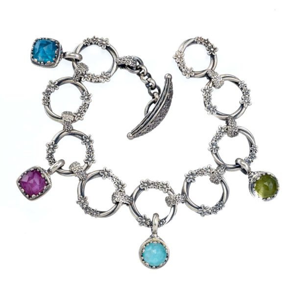 Flower Charm Link Bracelet in Sterling Silver 925 and 4 Multi-Colored Doublet Stones