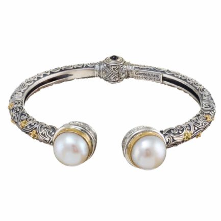 Freshwater Pearls Flower Cuff Bracelet for Women’s 18k Yellow Gold and Silver 925
