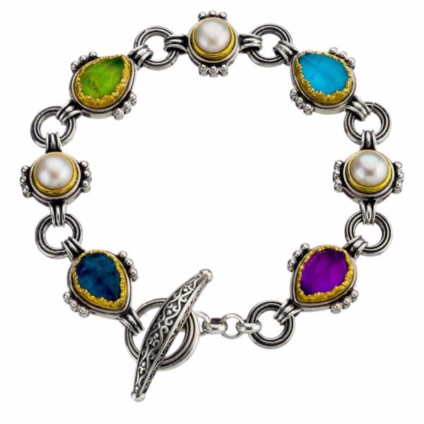 7 Multi-Colored Stone Link Bracelet in Sterling Silver 925 with Gold Plated parts
