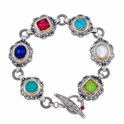 6 Multi-Colored Stone Link Bracelet in Sterling Silver 925 with Gold Plated parts