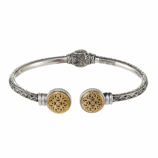 Round Open Cuff Filigree Bracelet for Ladies 18k Yellow Gold and Silver 925