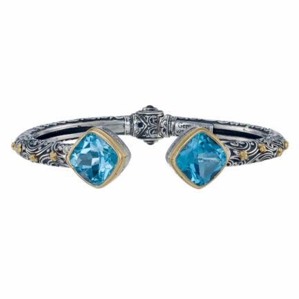 Blue Topaz Square Open Cuff Bracelet Flowers for Ladies 18k Gold and Silver 925