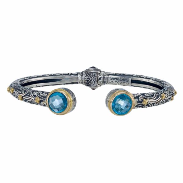 Blue Topaz Round Open Cuff Bracelet Flowers for Ladies 18k Gold and Silver 925