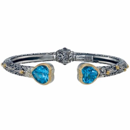 Blue Topaz Hearts Shaped Open Cuff Bracelet Flowers for Ladies 18k Gold and Silver 925