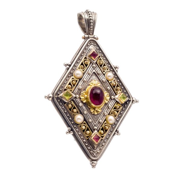 Byzantine Gemstone Pendant for Ladies 18k Yellow Gold and Silver
