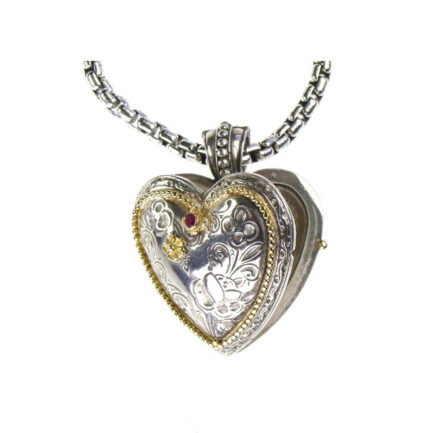 Heart Locket Pendant Flower Photo Byzantine for Ladies 18k Yellow Gold and Silver