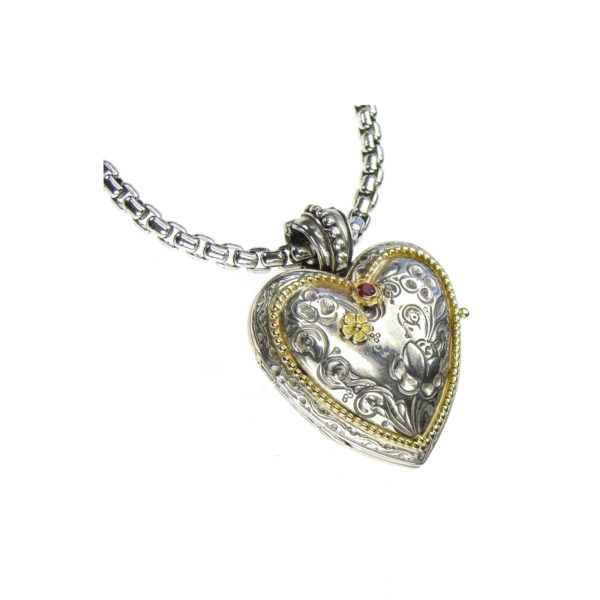 Heart Locket Pendant Flower Photo Byzantine for Ladies 18k Yellow Gold and Silver - Image 2