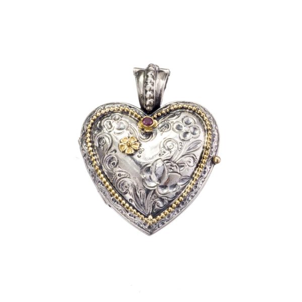 Heart Locket Pendant Flower Photo Byzantine for Ladies 18k Yellow Gold and Silver - Image 3