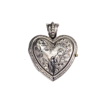 Heart Locket Pendant Flower Photo Byzantine for Ladies in Sterling Silver