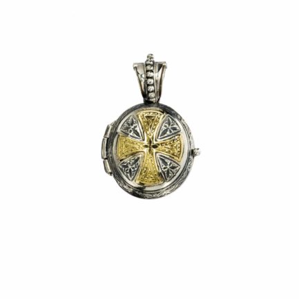 Byzantine Locket Cross Oval Pendant 18k Yellow Gold and Sterling silver