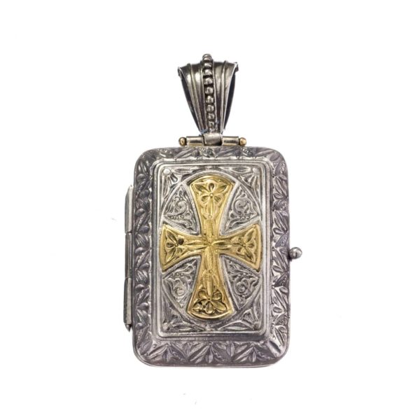 Engraved Rectangular Locket Pendant with Cross 18k Yellow Gold and Silver 925