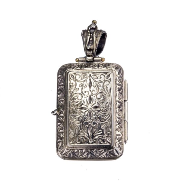 Engraved Rectangular Locket Pendant with Cross 18k Yellow Gold and Silver 925 - Image 2