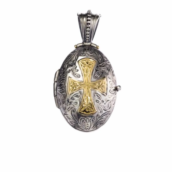 Engraved Oval Locket Pendant with Cross 18k Yellow Gold and Silver 925