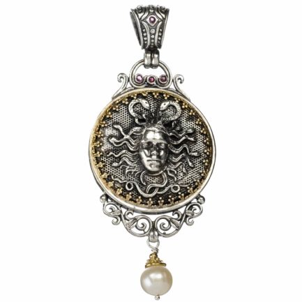 Ancient Greek Medusa for women’s Large Pendant 18k Yellow Gold and Silver