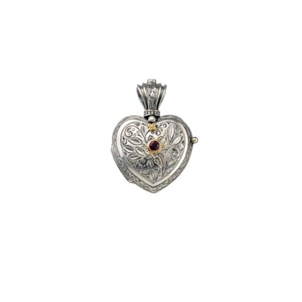 Heart Locket Pendant Small Photo Ruby Byzantine 18k Gold and Silver 925