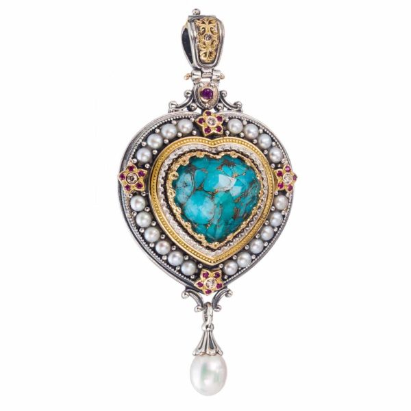 Large Heart Pendant Pearl Drop 18k Yellow Gold and Sterling Silver 925 - Image 3