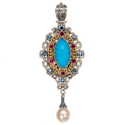 Marquise Pendant Pearl Drop 18k Yellow Gold and Sterling Silver