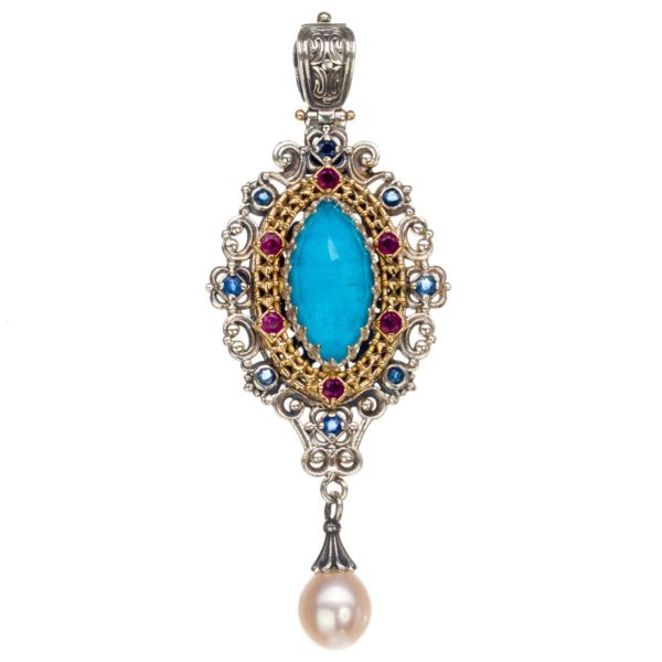 Marquise Pendant Pearl Drop 18k Yellow Gold and Sterling Silver