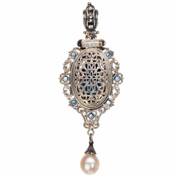 Marquise Pendant Pearl Drop 18k Yellow Gold and Sterling Silver - Image 3