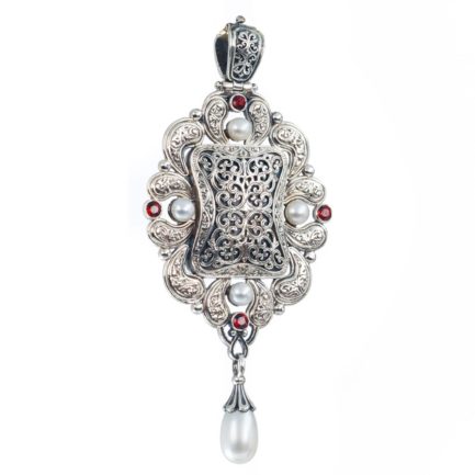 Filigree Locket Pearl Drop Large Pendant in Sterling Silver 925