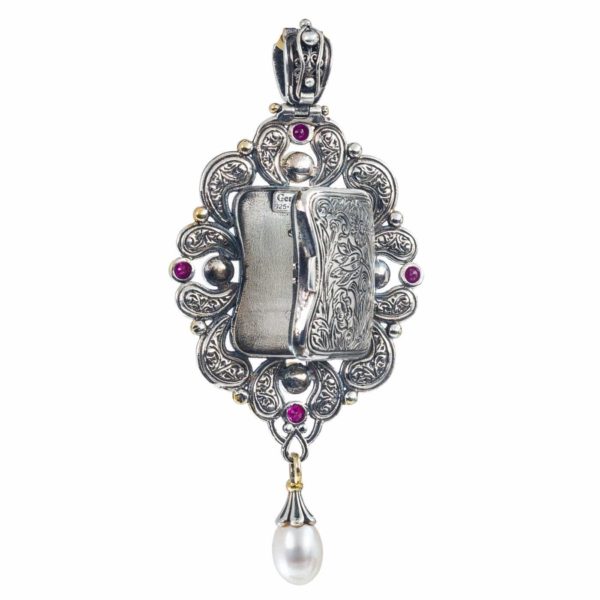 Filigree Locket Pearl Drop Large Pendant 18k yellow Gold and Silver - Image 2