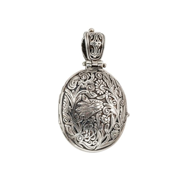 Garden Flowers Oval Locket Pendant in Sterling Silver 925