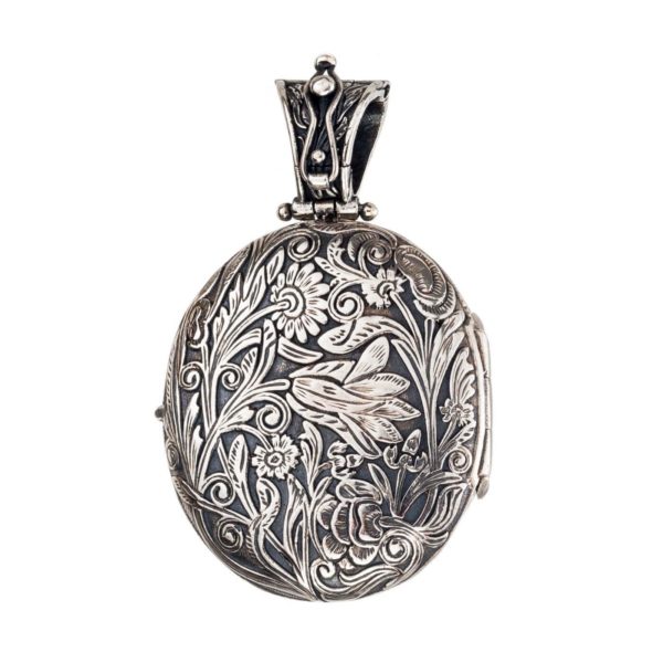 Garden Flowers Large Oval Locket Pendant in Sterling Silver 925 - Image 3